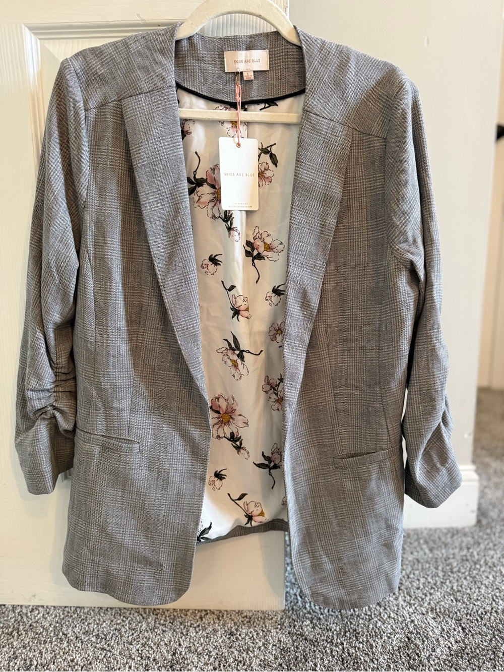 Skies Are Blue Gray Plaid Open-Front Blazer with Floral Lining